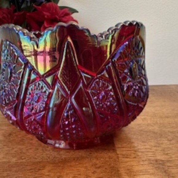 Indiana Glass Heirloom Sunset Ruby Red Carnival Glass Bowl Scalloped Rim Vintage - Picture 2 of 7
